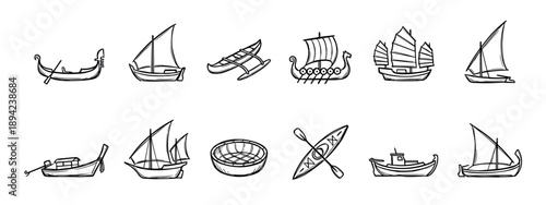 Set of various hand-drawn boat and ship icons including a gondola, longship, junk, kayak, and sailboat in a simple black and white doodle illustration style