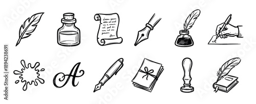 Hand-drawn vintage writing and calligraphy icons set including a quill pen, inkwell, parchment scroll, and wax seal stamp in a black and white doodle sketch illustration style