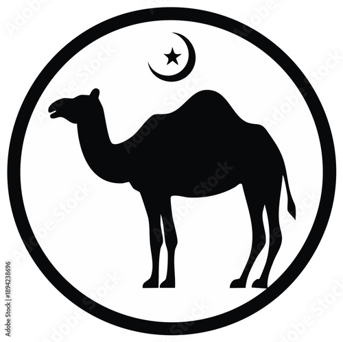 Black silhouette of a camel and crescent moon with star inside a circle