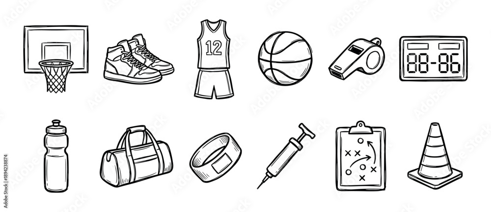 Fototapeta premium Collection of hand-drawn basketball sport icons featuring a ball, hoop, jersey, sneakers, whistle, and training equipment in a black and white doodle style
