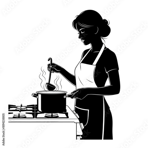 Woman Cooking in Kitchen Silhouette isolated on transparent background.
