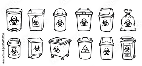 Collection of hand-drawn medical waste containers with biohazard symbols, showcasing various types of bins, bags, and sharps disposal units in a black and white sketch style