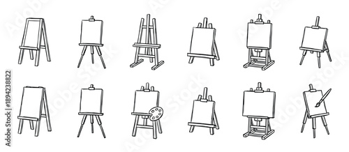 Set of hand-drawn artist easels with blank canvases in various designs, presented as a black and white doodle sketch illustration collection for creative projects