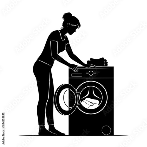 Woman Loading Washing Machine Laundry isolated on transparent background.