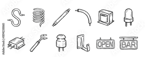 Collection of black and white sketch illustrations showing various electrical parts like a transformer, heating coil, LED, insulator, and neon open and bar signs