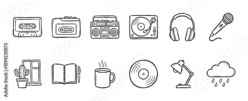Set of hand-drawn black line icons featuring retro music equipment and cozy lofi aesthetic elements for study or relaxation, including a cassette, turntable, and a steaming mug