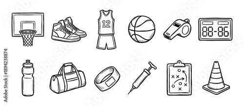 Collection of hand-drawn basketball sport icons featuring a ball, hoop, jersey, sneakers, whistle, and training equipment in a black and white doodle style
