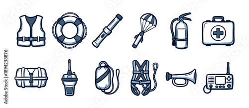 Hand-drawn safety and rescue equipment icons set featuring a life vest, lifebuoy, fire extinguisher, and first aid kit in a blue and white doodle cartoon illustration style