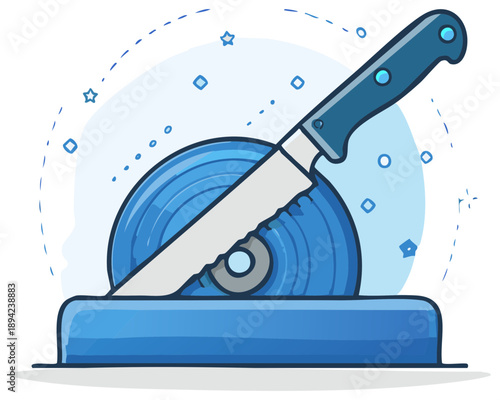 Cartoon knife sharpener with a blade and grindstone in blue hand drawn illustration style with decorations