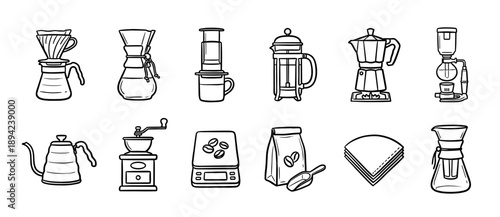 Set of coffee brewing equipment icons in a hand-drawn doodle style showing various methods like pour-over, french press, moka pot, and a siphon for making specialty drinks