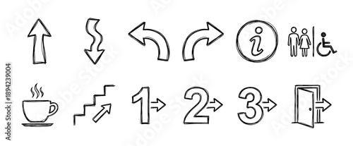 Set of hand-drawn black navigation icons and information symbols for wayfinding, featuring arrows, restroom signs, an exit door, coffee cup, stairs, and numbered steps in a doodle sketch style