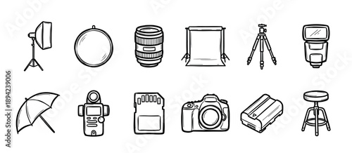 Hand-drawn photography and studio equipment icons set featuring a camera, lens, tripod, flash, softbox, and reflector in a simple black and white line art sketch style