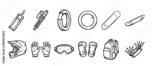 Hand drawn mountain bike equipment and spare parts collection in a black and white sketch style, including helmet, suspension, tire, protective gear, and repair tools