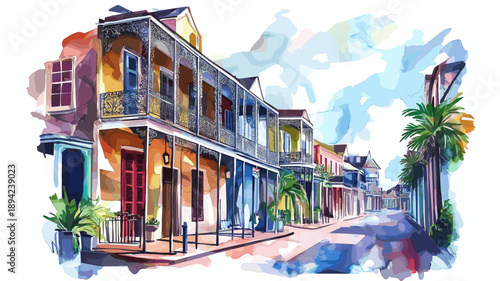 Bourbon Street. Bourbon Street hand drawn watercolor illustration