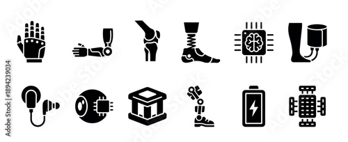 Set of black glyph icons representing bionics, prosthetics, and cybernetic technology, including artificial limbs, robotic body parts, and human augmentation concepts in a minimalist style