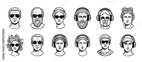 Collection of ancient Greek and Roman statue heads wearing modern sunglasses and headphones in a bold black and white line art illustration style, a cool and humorous concept
