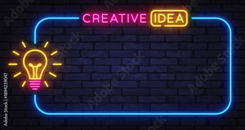Neon creative idea sign with glowing light bulb inside bright frame. Inspiration concept perfect for startups, brainstorming, or marketing visuals.