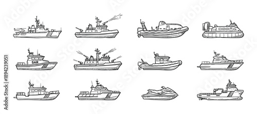 Collection of hand-drawn boat and ship illustrations in a black and white sketch style, featuring various watercraft like patrol boats, fireboats, rescue vessels, and a hovercraft