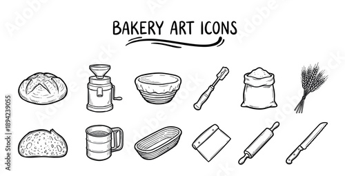 Set of hand-drawn bakery icons including bread, flour, wheat, a rolling pin, and other baking tools in a black and white sketch style illustration collection