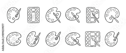 Collection of hand-drawn artist palettes and paintbrushes in a simple black and white doodle style, featuring various shapes of palettes and painting tools for creative concepts
