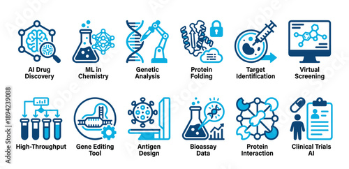 Set of blue line icons representing artificial intelligence in drug discovery and biotechnology, illustrating concepts like genetic analysis, protein folding, and virtual screening
