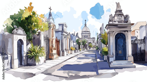 Recoleta Cemetery. Recoleta Cemetery hand drawn watercolor illustration