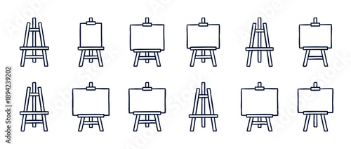 Collection of twelve hand-drawn artist easel and canvas icons presented in a simple line art set, featuring a minimalist doodle illustration style for creative or educational themes