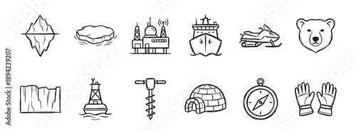 Collection of twelve hand-drawn Arctic exploration icons including an iceberg, polar bear, icebreaker, and igloo, rendered in a simple black outline sketch style