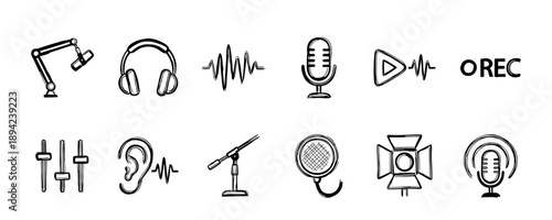 Collection of hand-drawn podcasting icons including a microphone, headphones, sound wave, and mixer, illustrated in a simple black and white doodle style for audio production concepts