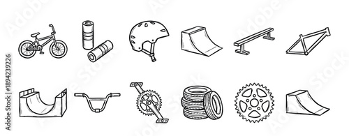 Set of hand-drawn BMX bike parts and skatepark equipment icons including a helmet, ramp, frame, and tires in a doodle sketch style illustration