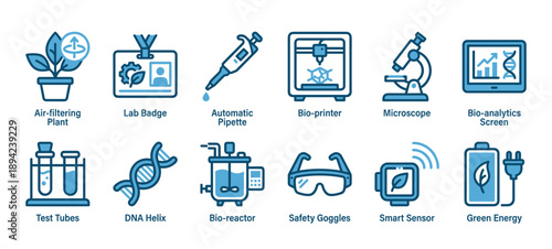 Set of blue line art icons for biotechnology and scientific research showing a microscope, DNA helix, test tubes, and green energy symbols in a clean, modern vector illustration