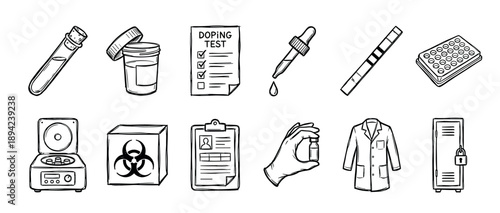 Doping test icon set with laboratory equipment including a test tube, sample, centrifuge, and biohazard symbol in a hand-drawn black and white sketch style illustration