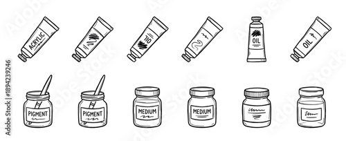 Collection of hand-drawn artist supplies including tubes of acrylic and oil paint, jars of pigment and medium, all illustrated in a simple black and white doodle sketch style