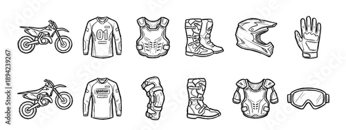 Collection of hand-drawn motocross gear and equipment including a motorcycle, helmet, boots, and armor in a black and white sketch illustration style for extreme sports