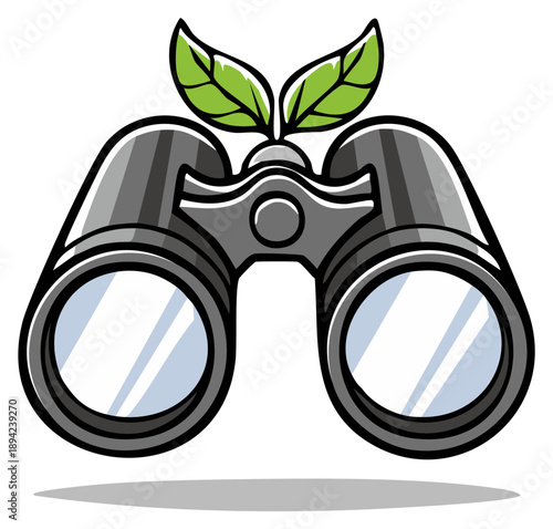 Observation binoculars with sprouting green leaves symbolizing ecological discovery and sustainable vision