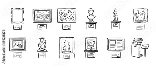 Hand-drawn collection of museum exhibit icons including paintings, sculptures, and artifacts in a simple black and white sketch style, representing art, culture, and history