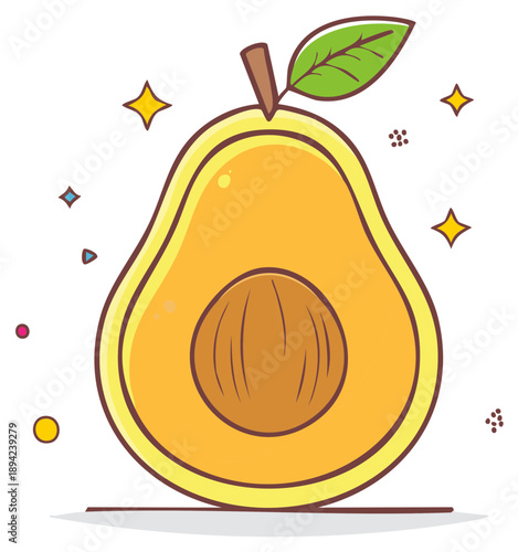 Cute cartoon yellow avocado with a pit and a green leaf surrounded by sparkling stars and dots