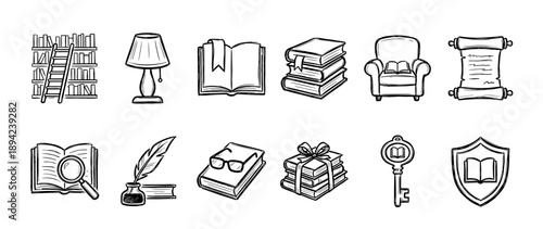 Set of black and white hand-drawn icons for reading and literature, featuring a library bookshelf, quill pen, scroll, armchair, and stacks of books in a simple doodle sketch style