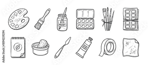 Collection of hand-drawn art supplies including a palette, brushes, watercolor paints, and eco-friendly pigments in a black and white doodle style illustration icon set