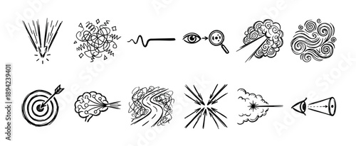 Set of hand-drawn sketch icons illustrating concepts of chaos to clarity, problem-solving, strategic vision, and achieving goals, presented in a simple black doodle style