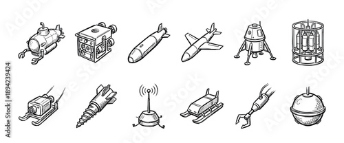 Set of hand-drawn scientific exploration equipment illustrations including a submarine, drone, space lander, and torpedo in a black and white sketch doodle art style