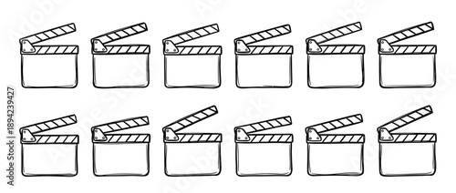 Twelve hand drawn movie clapperboard icons arranged in a repeating seamless pattern, a simple black and white sketch illustration for filmmaking and cinema themes