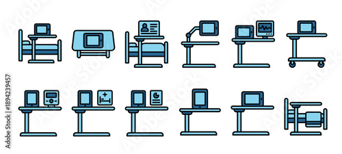 Collection of blue medical equipment icons showing hospital beds, patient monitors, and vital signs carts in a simple flat line art illustration for healthcare and clinical concepts