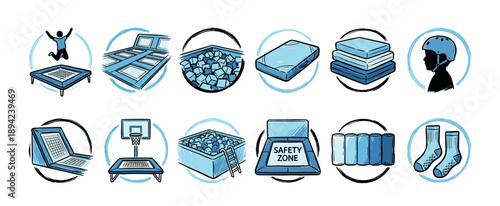 Trampoline park equipment and safety icons set featuring a jumper, foam pit, basketball hoop, helmet, and grip socks in a blue hand-drawn sketch illustration style