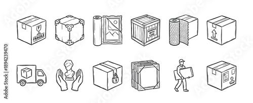 Hand-drawn icon set for shipping and moving fragile items, featuring cardboard boxes, a delivery truck, and packaging symbols in a black and white line art sketch style illustration