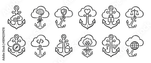 Hand-drawn anchor icon set combining stability symbols with conceptual elements like clouds, brains, hearts, and shields in a black and white sketch doodle style for business metaphors