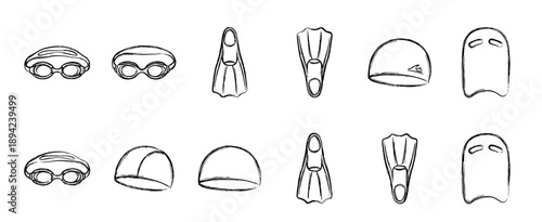 Collection of swimming equipment icons including goggles, caps, flippers, and kickboards in a hand-drawn black and white sketch style for water sports and recreation designs