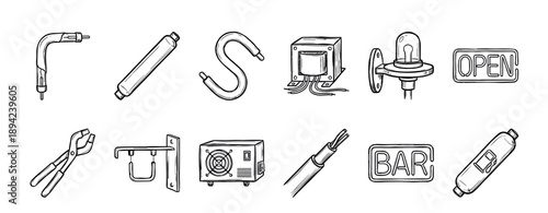 Set of hand-drawn electrical components for neon signs including tubes, a transformer, power supply, and tools, illustrated in a black and white doodle style collection