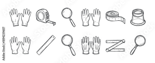 Hand-drawn black and white sketch icons of measuring and inspection tools like gloves, rulers, tape measures, and magnifying glasses in a detailed doodle illustration style
