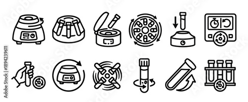 Set of black line icons showing laboratory centrifuge equipment, test tubes, and rotors for scientific research and medical sample separation in a simple minimalist vector style